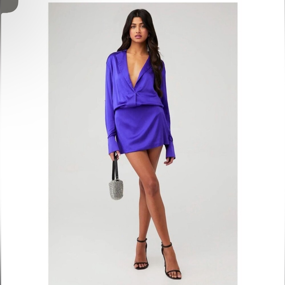 SER.O.YA Royal Purple Satin Long Sleeve Mini Dress